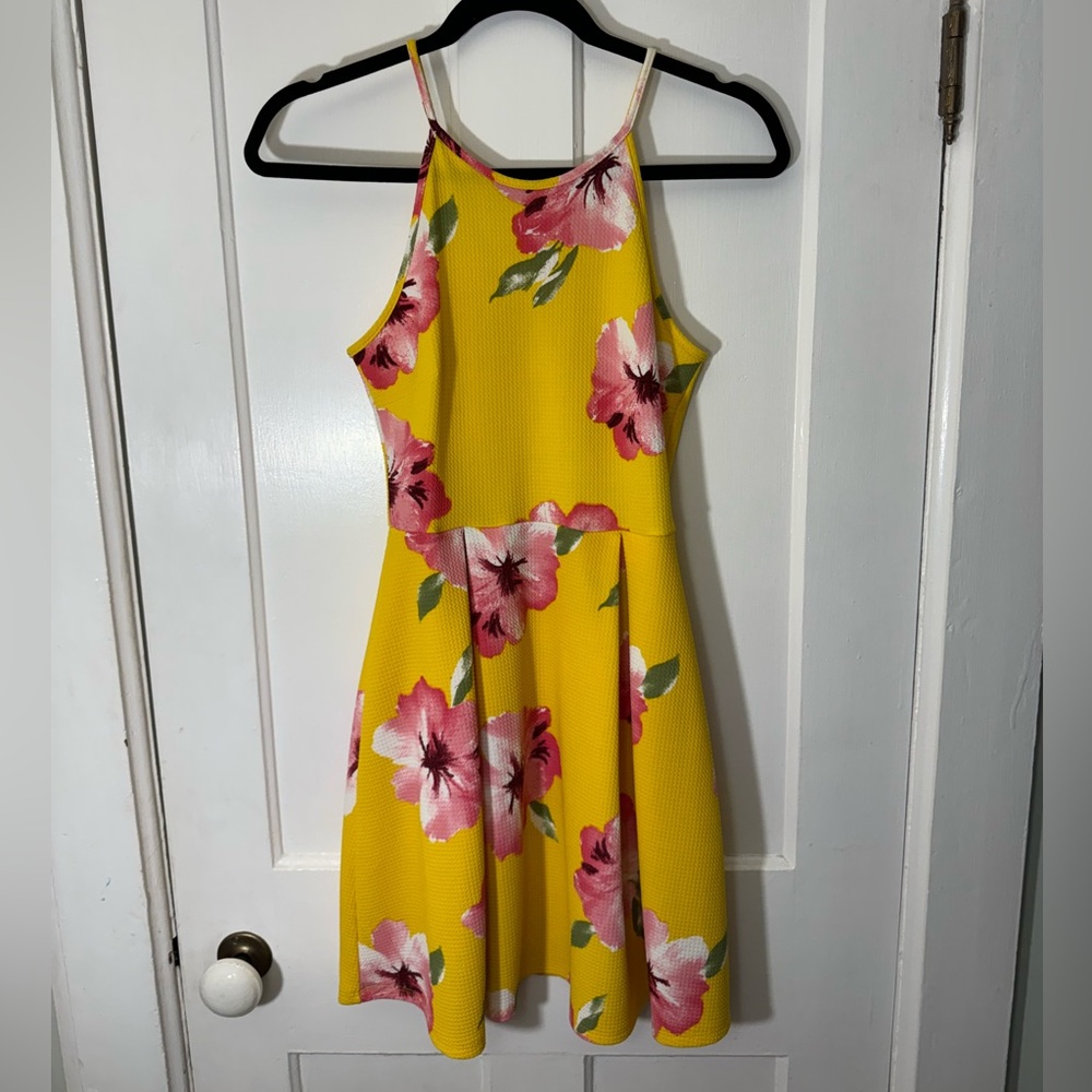 Soprano Women’s S yellow floral fit and flair mini dress | Summer skater dress